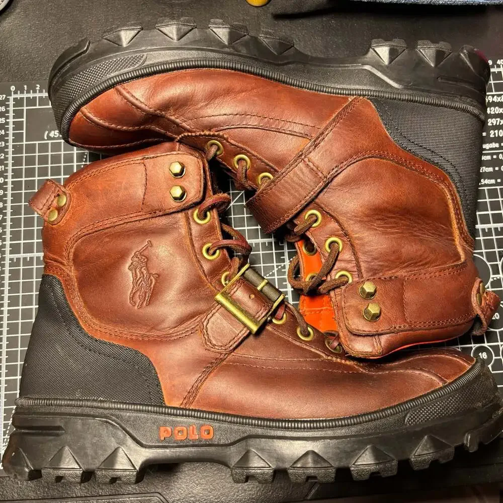 Mens Polo Ralph Lauren Huntswood Brown Leather Duck Boots with Buckle